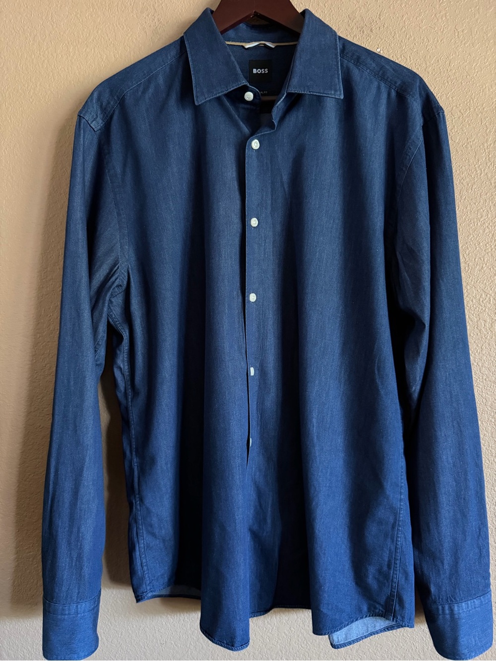 Boss Men's Dark Denim Blue Long-Sleeve Dress Shirt Size XL